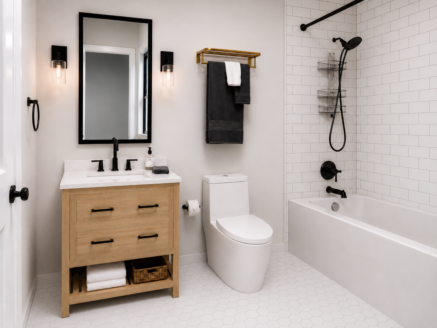 Render of a clean, modern bathroom with a bathtub.